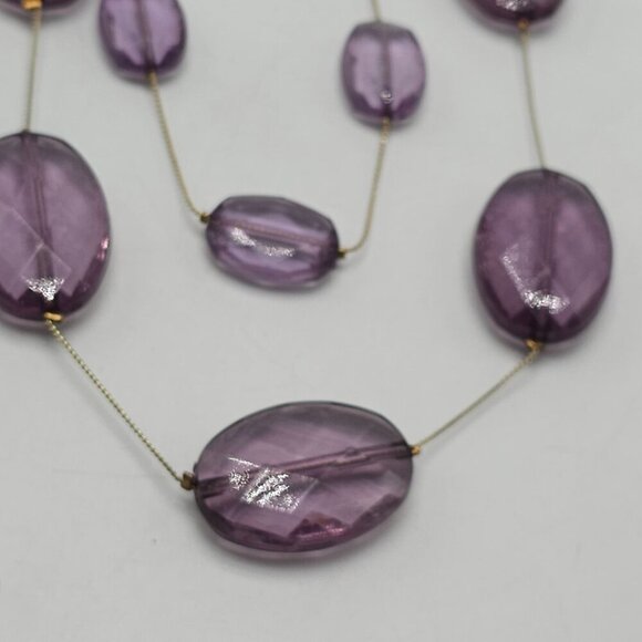 Vintage V Signed Double Strand Purple Glass Beaded Necklace With Gold Tone Chain - Picture 3 of 5